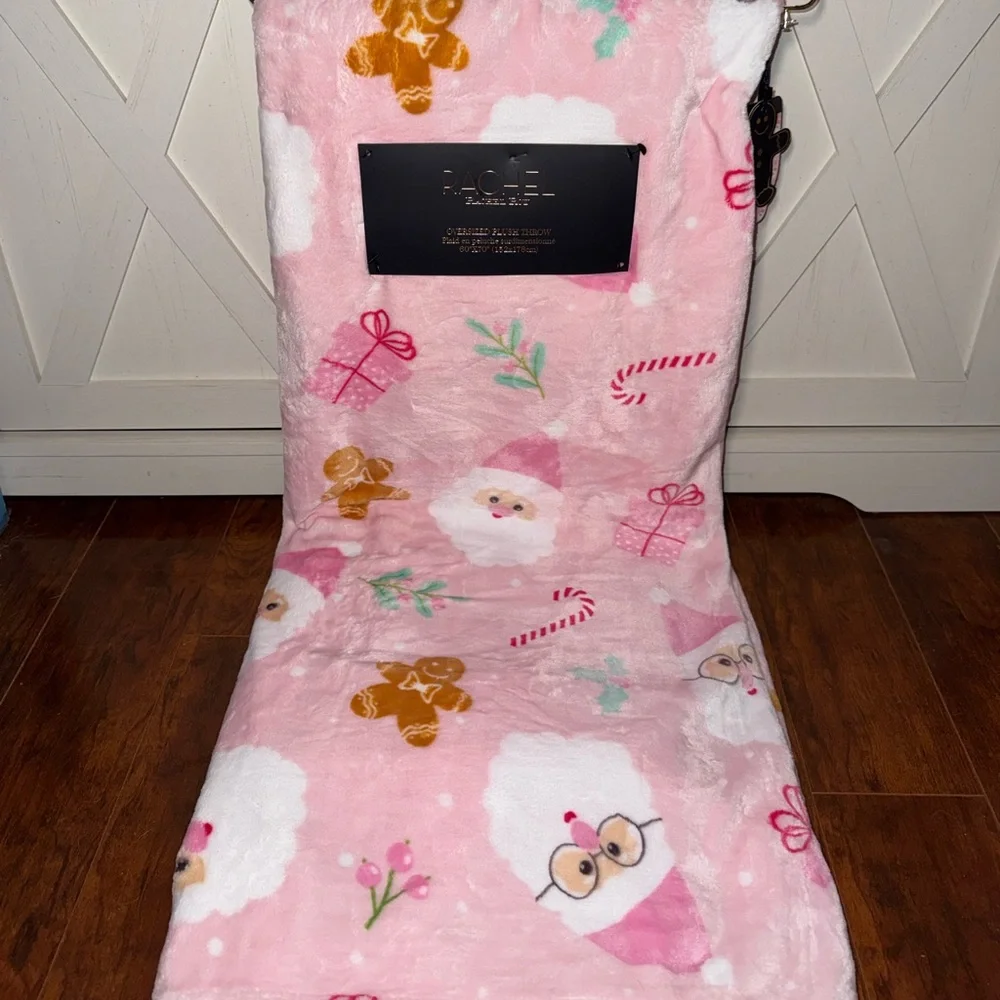 Rachel Roy Pink Holiday Santa & Gingerbread Plush Throw Blanket